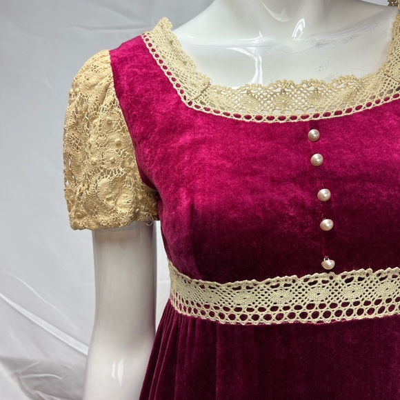 Women's Vintage Lisa Jo Crimson Red Velvet Cream Crochet Lace 70’s Long Dress S - Picture 10 of 13